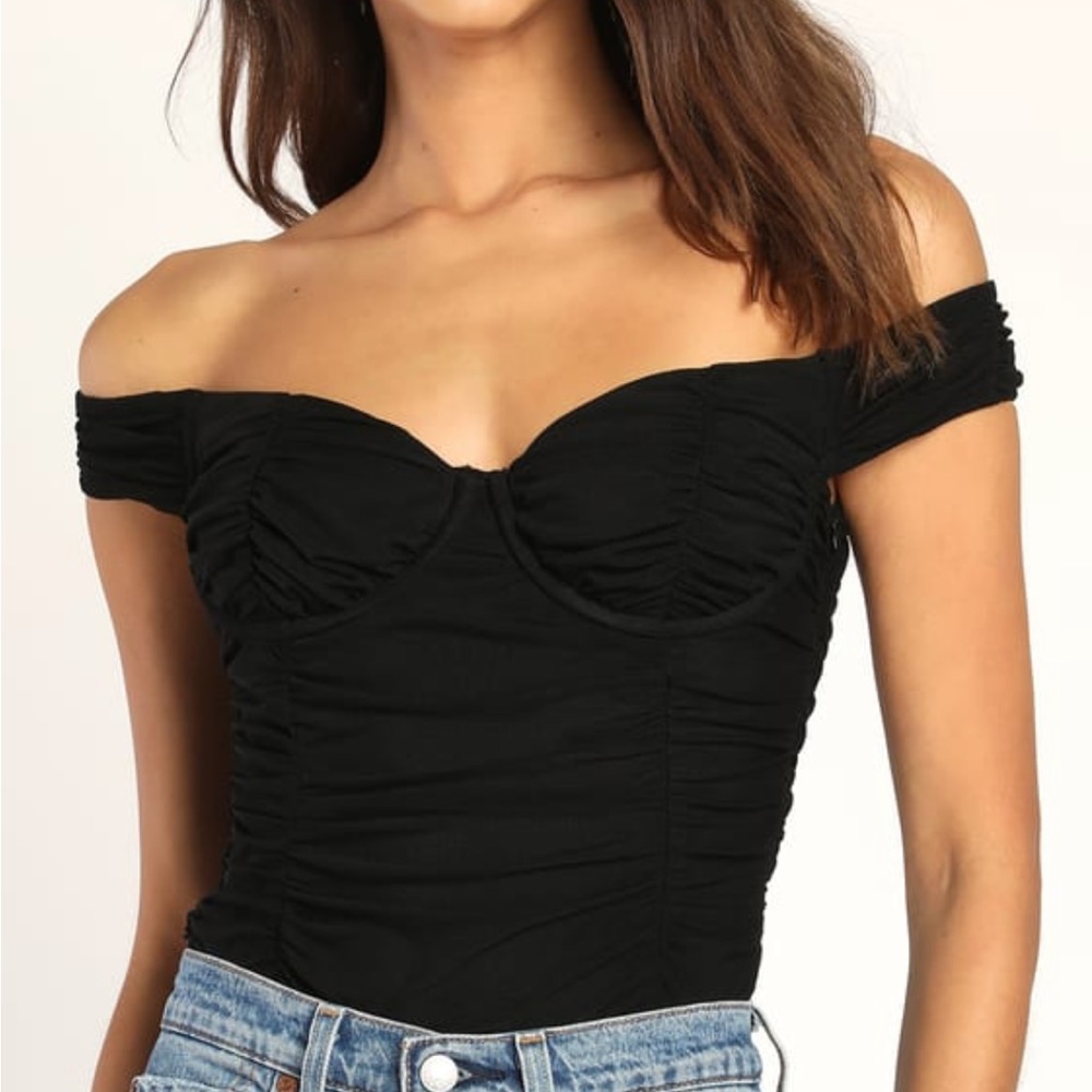 Lulus Black Ruched Mesh Off the Shoulder Bodysuit Size Small